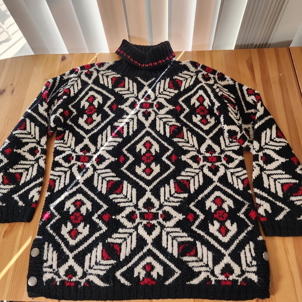 Vintage Jones New York Red Black White Wool Thick Turtleneck Oversized Sweater M - Picture 10 of 14
